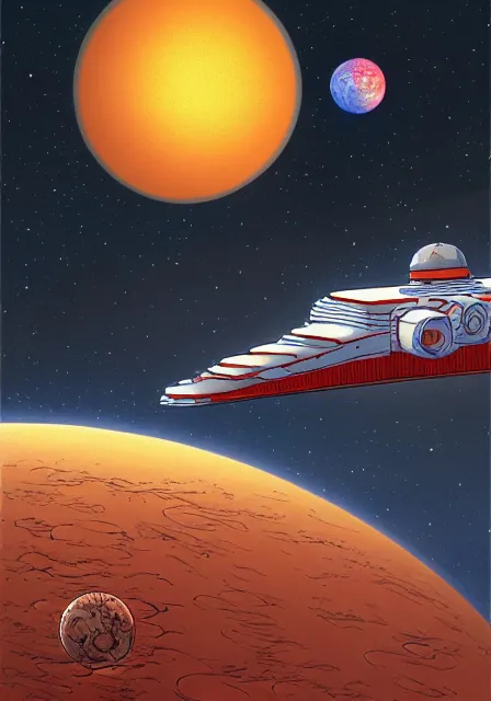 Image similar to illustration of a retro sci fi spaceship. the ship is white with two red stripes. Landscape image of a spaceship with a planet and stars in the background. Moebius. digital painting. extremely detailed science fiction art. high resolution image.