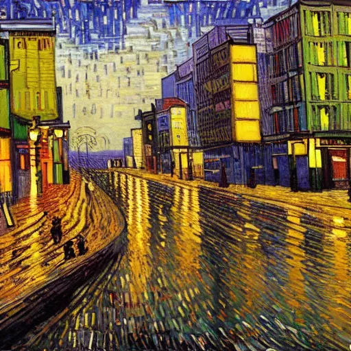 Image similar to painting of a cyberpunk city with high tech and flying cars in the style of vincent van gogh