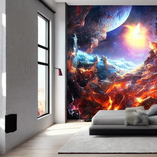 Prompt: a cozy bedroom interior with wall murals of incredible fantasy space art, detailed, high resolution, wow!, intricate, volumetric lighting, raytracing