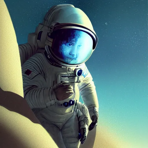 Image similar to epic portrait an space astronaut flying away from an desert world, blurry backround, pyramids, sandstorm, side profile, digital painting, artstation, concept art, soft light, hdri, smooth, sharp focus, illustration, fantasy, intricate, elegant, highly detailed, D&D, matte painting, in the style of Greg Rutkowski and Alphonse Mucha and artemisia, 8k, highly detailed, jurgens, rutkowski, bouguereau, pastoral, rustic, georgic