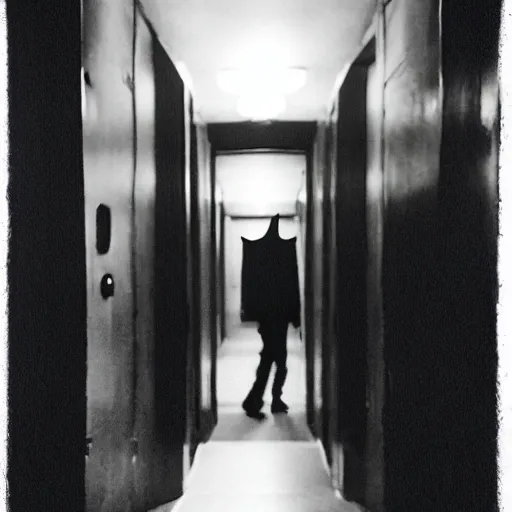 Image similar to a flash photo of creepy tall! wendigo with an unnatural posture standing in a vantablack hallway from the horror movie rec, shaky camera, it is deformed and is staring at the camera from the end of a dark liminal hallway. caught on vhs, film grain, national geographic award winning photography,