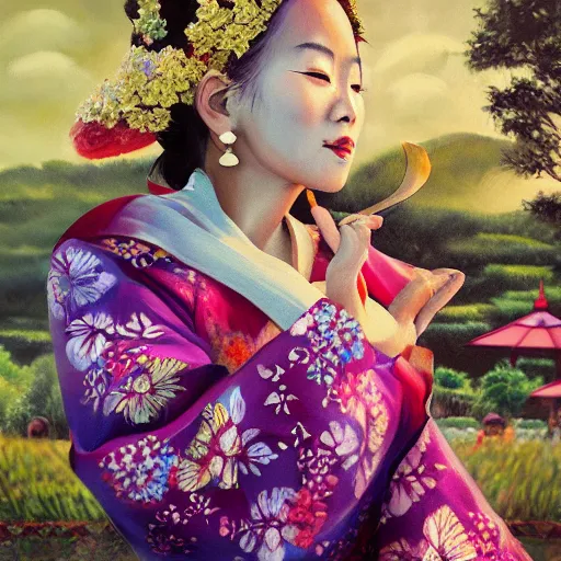 Prompt: thai lady dancing, cute face, floral print kimono, pai hills, cloudy, tea plantation, fantasy detailed trending on artstation, oil painting, dramatic lighting, eterea, high quality print, fine art with subtle redshift rendering