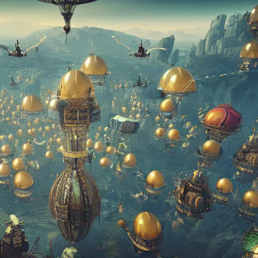 Image similar to enormous flying city in a faberge egg, sky, steampunk, fantasy art, masterpiece, unreal engine