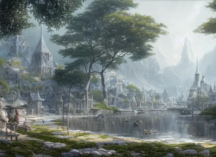 Image similar to A fishing port near the ocean in a beautiful elven city made of white marble, anime, lush trees, fountain, a fantasy digital painting by Greg Rutkowski and James Gurney, trending on Artstation, highly detailed
