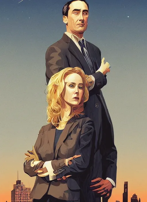 Prompt: poster artwork by Michael Whelan and Tomer Hanuka, Karol Bak of Naomi Watts Jon Hamm husband & wife portrait, creepy smiles, from scene from Twin Peaks, clean, simple illustration, nostalgic, domestic, full of details