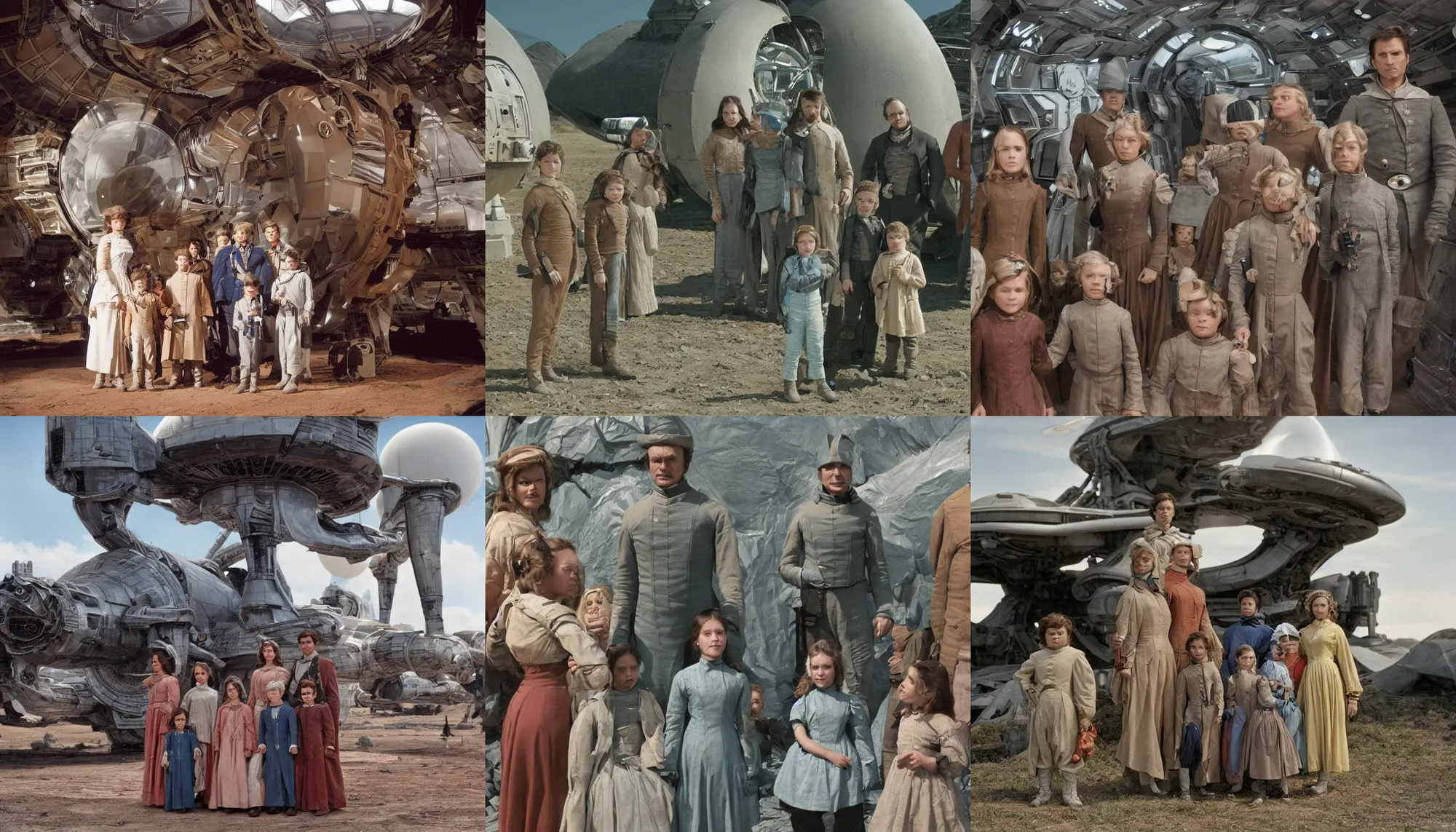 Prompt: highly detailed, 256435456k film, 7257600mm film still from a sci fi blockbuster color movie made in 2019, set in 1860, of a family standing in front of a spaceship that has just landed on an alien planet, the family are all wearing 1860s era clothes, good lighting, good photography, ultra high definition