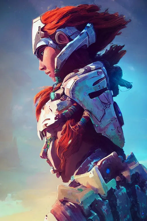 Image similar to combination suit armor aloy horizon forbidden west horizon zero dawn radiating a glowing aura global illumination ray tracing hdr fanart arstation by ian pesty and alena aenami artworks in 4 k tribal robot ninja mask helmet backpack