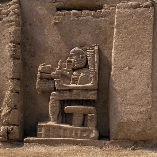 Prompt: a photograph of an ancient ruin monument depicting a man playing a synthesizer, maya, inka, aztec