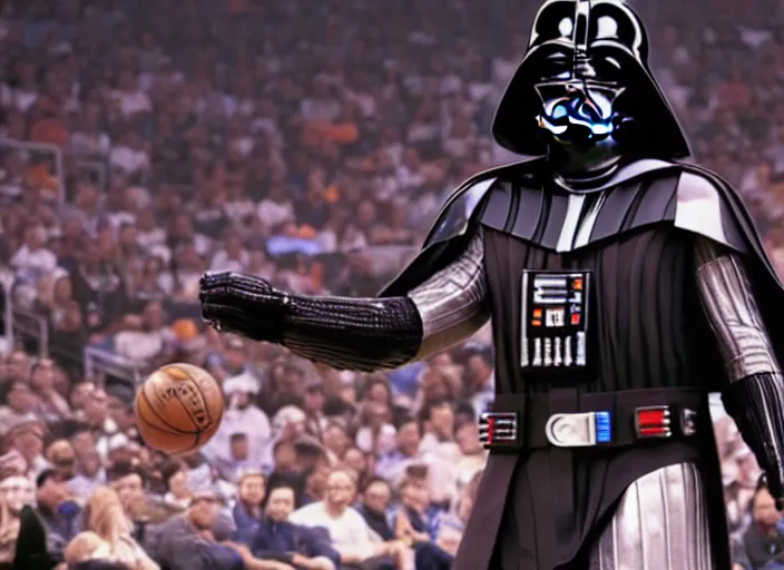 Prompt: ESPN still of Darth Vader playing in the nba playoffs live on espn, 4k