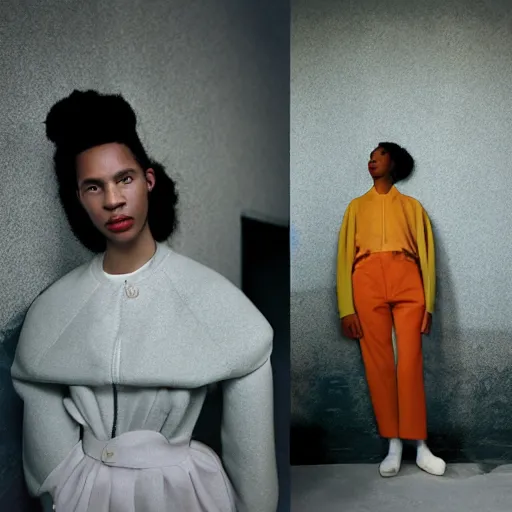 Image similar to realistic photoshooting for a new balenciaga lookbook, color film photography, portrait of a beautiful woman, by photo in style of Tyler Mitchell, wes anderson, Julia Hetta, Tim Walker, Petra Collins, 35mm,