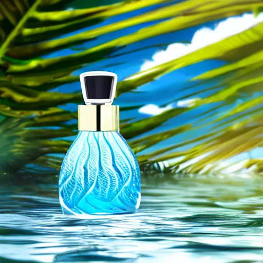 Image similar to centered bright perfume bottle standing in clear blue rippling water surrounded by a plethora of white flowers and tropical leaves and fauna upfront, with dreamy bright blue sky and clouds in the background, softly - lit, soft - warm, zen, light, modern minimalist f 2 0 clean