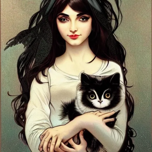 Image similar to cute emo persian woman, with long dark hair, thick eyebrows!!! dark eyes and dark circles!, wide nose!!!, big eyes, oval face shape, big cheeks!, she is holding a cat in her arms, by juan villafuerte, greg rutkowski and alphonse mucha, pexels contest winner, high quality photo, hd rtx