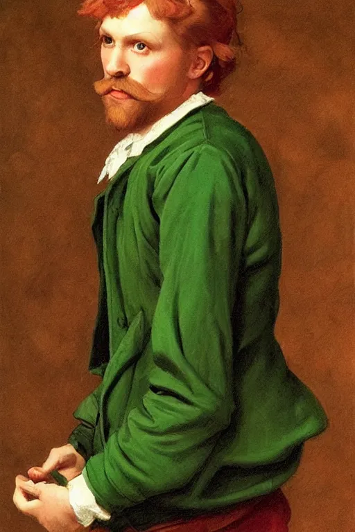 Prompt: intricate beautiful medium - shot, the card player man with short reddish beard, blonde reddish hair, in green clothes of 1 7 th century, matte painting, renaissance painting, by paul sezanne by leyendecker, by artgerm, rutkowskyi