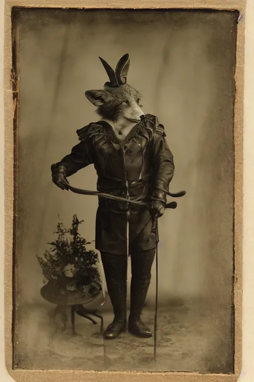 Image similar to a wet plate photo of an anthropomorphic fox dressed as robin hood