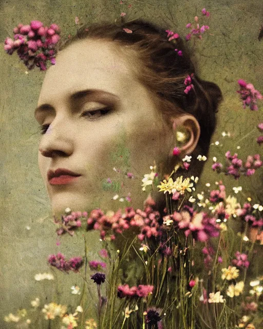 Image similar to a woman's face in profile, made of wildflowers, in the style of the dutch masters and gregory crewdson, dark and moody