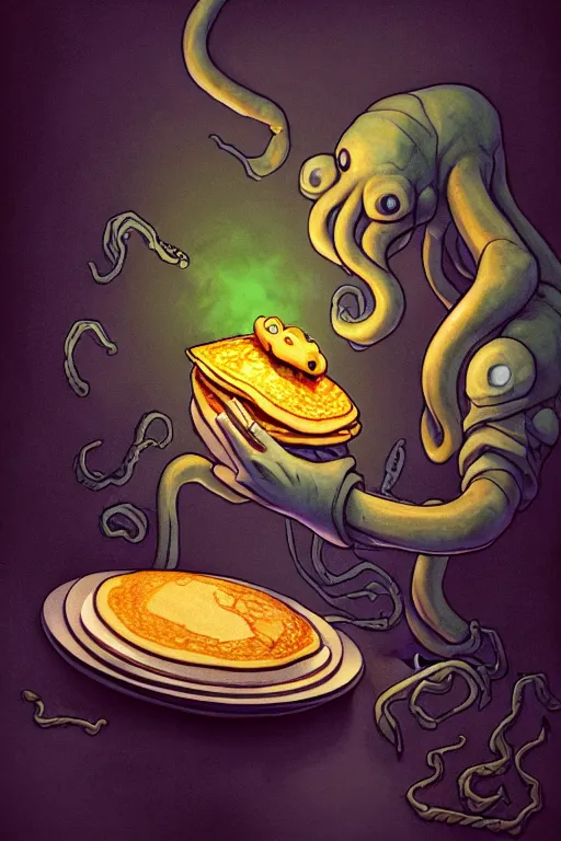 Image similar to cthulhu making pancakes, animation pixar style, by pendleton ward, magali villeneuve, artgerm, rob rey and kentaro miura style, golden ratio, trending on art station