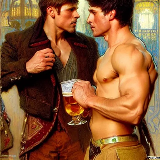 Image similar to attractive muscular arthur pendragon and muscular attractive merlin go to a pub together to have some drinks. highly detailed painting by gaston bussiere, craig mullins, j. c. leyendecker, alphonse mucha 8 k