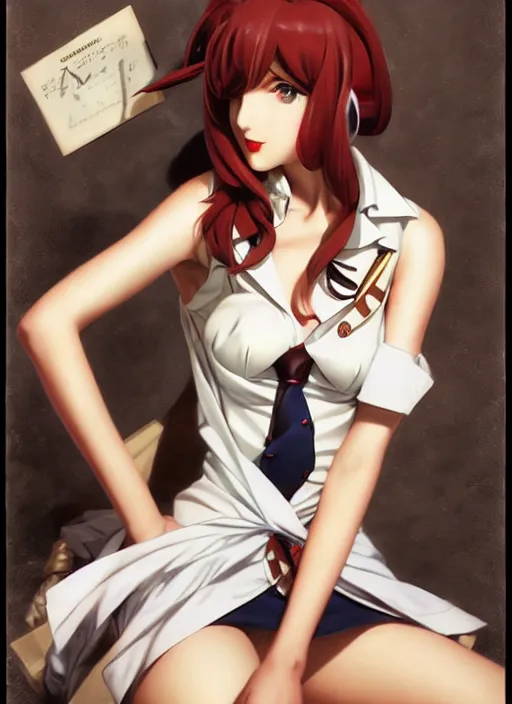 Prompt: Makise Kurisu from Steins;Gate pin up modelling, portrait, post war style, detailed face, anime, by Gil Elvgren, Julie Bell, krenz cushart, Greg Hildebrandt