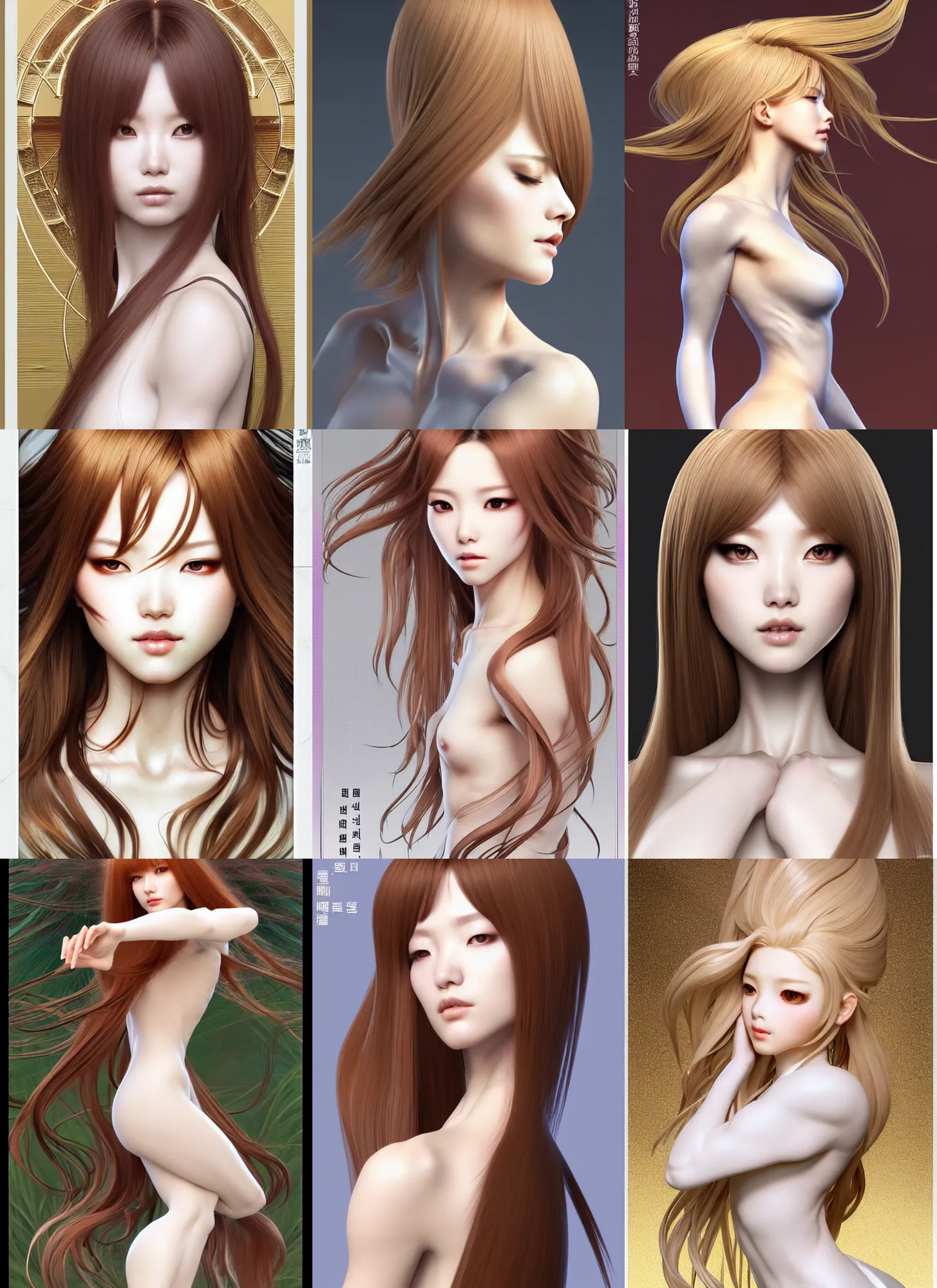 Prompt: full length complex 3 d hyper realistic smooth ultra sharp render of a gorgeous female short white!! hair long bangs flawless caramel!! skin | art by oh jinwook + 吵 集 仁 儿 on artstaion + takeshi obata + alphonse mucha + jim lee