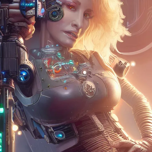 Image similar to closeup of cyborg Dolly Parton holding a books, cyberpunk 2077 setting, intricate, elegant, highly detailed, digital painting, artstation, concept art, matte, sharp focus, illustration, hearthstone, art by Artgerm and Greg Rutkowski and Alphonse Mucha