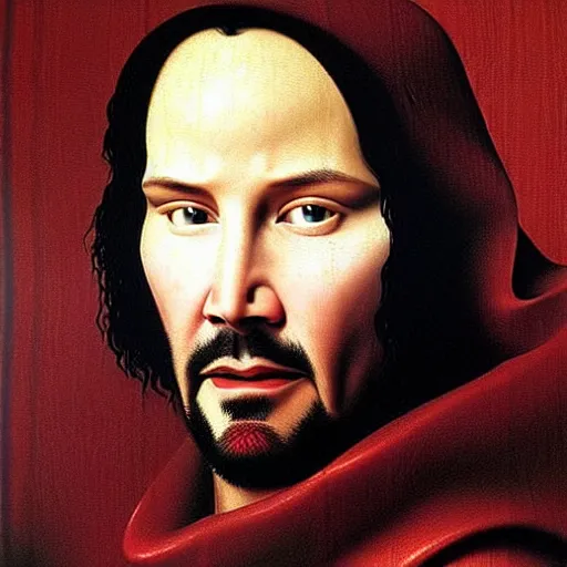 Image similar to portrait of keanu reeves, oil painting by jan van eyck, northern renaissance art, oil on canvas, wet - on - wet technique, realistic, expressive emotions, intricate textures, illusionistic detail