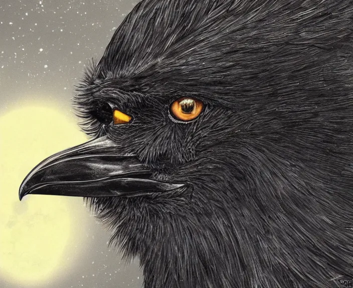 Image similar to a hyper-detailed fantasy wallpaper book cover, close-up portrait of a crow flying above a tree in front of the full big moon; an extraordinary masterpiece!!!; flawless; proud posture; photorealistic eyes; trending on artstation; f/1.4; 90mm