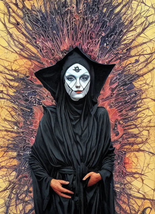 Image similar to powerful tripping cult magic psychic woman, subjective consciousness psychedelic, epic surrealism expressionism symbolism story iconic, dark robed witch, oil painting, robe, symmetrical face, greek dark myth, by Sandra Chevrier, Gerald Brom masterpiece
