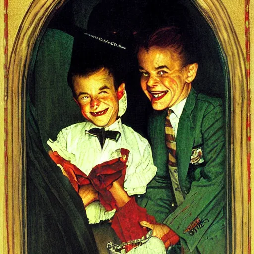 Image similar to smiling handsome young vampire count in the window. painting by Norman Rockwell.