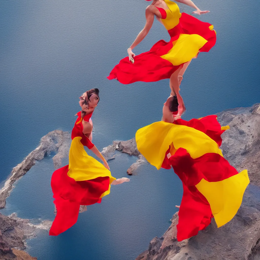 Image similar to beautiful modern dancer wearing a red and yellow and blue swirling dress, standing on a Santorini terrace looking down into the ocean, trending on artstation, cinematic, unreal 5, DAZ, hyperrealistic, octane render, dynamic lighting