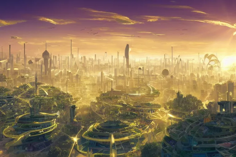 Prompt: gigantic solarpunk utopian city, beautiful golden rays of sunshine