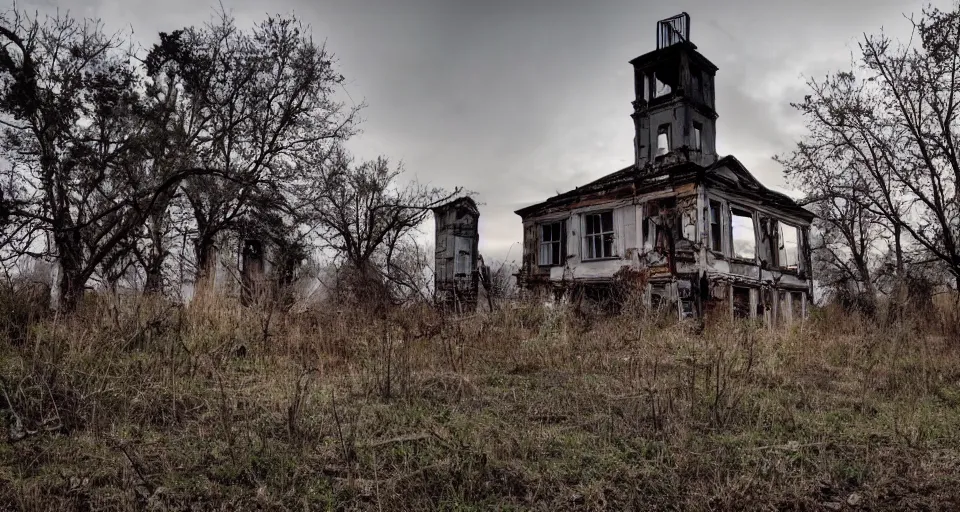 Prompt: a creepy decrepit abandoned town at dusk that seems haunted