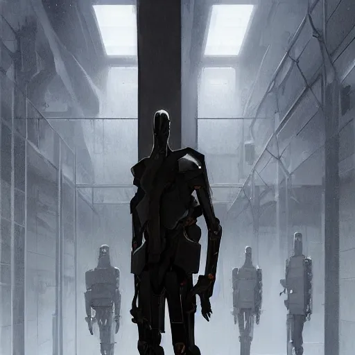 Image similar to concept art by greg rutkowski, a very tall and slender cyborg, standing in front of a large rectangular looking space, high tech and futuristic white walled environment, unnatural lighting, uncanny atmosphere, frightening and creepy atmosphere, scifi, highly detailed portrait, digital painting, artstation, concept art, smooth, sharp foccus ilustration, artstation hq