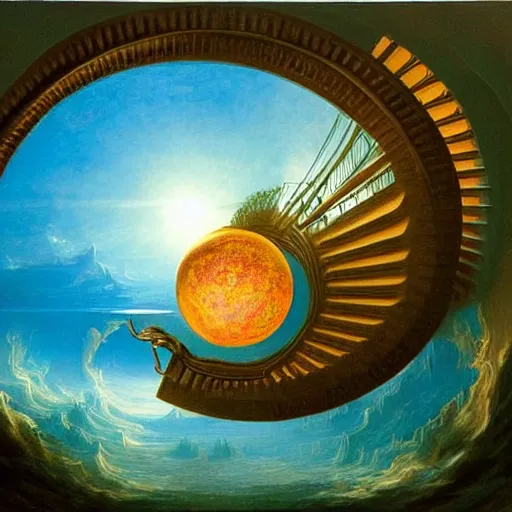 Image similar to award winning masterpiece with incredible details, a surreal 3d painting by Thomas Cole of a floating illuminated orb amongst an endless spiraling staircase on a checkerboard plane underwater