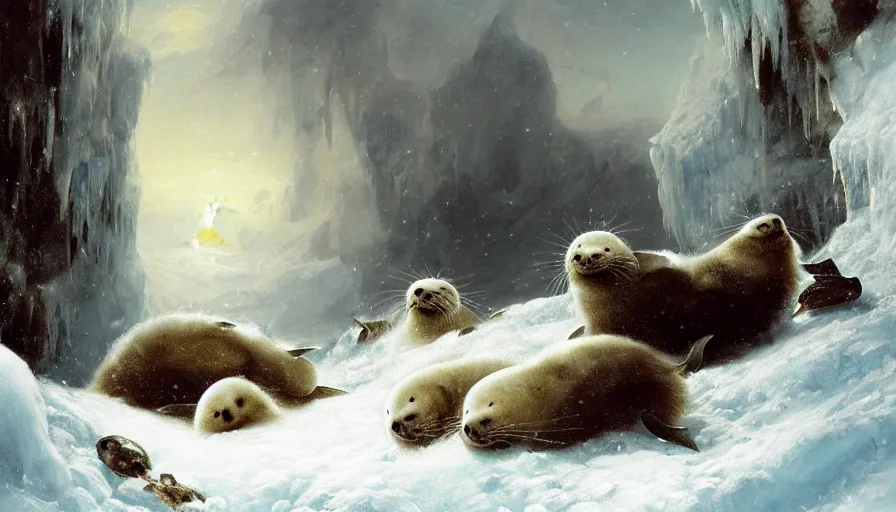 Image similar to highly detailed painting of cute furry white baby seals eating fish inside a snowy fantasy ice crystal cavern by william turner, by greg rutkowski, by william constable, thick brush strokes and visible paint layers, 4 k resolution