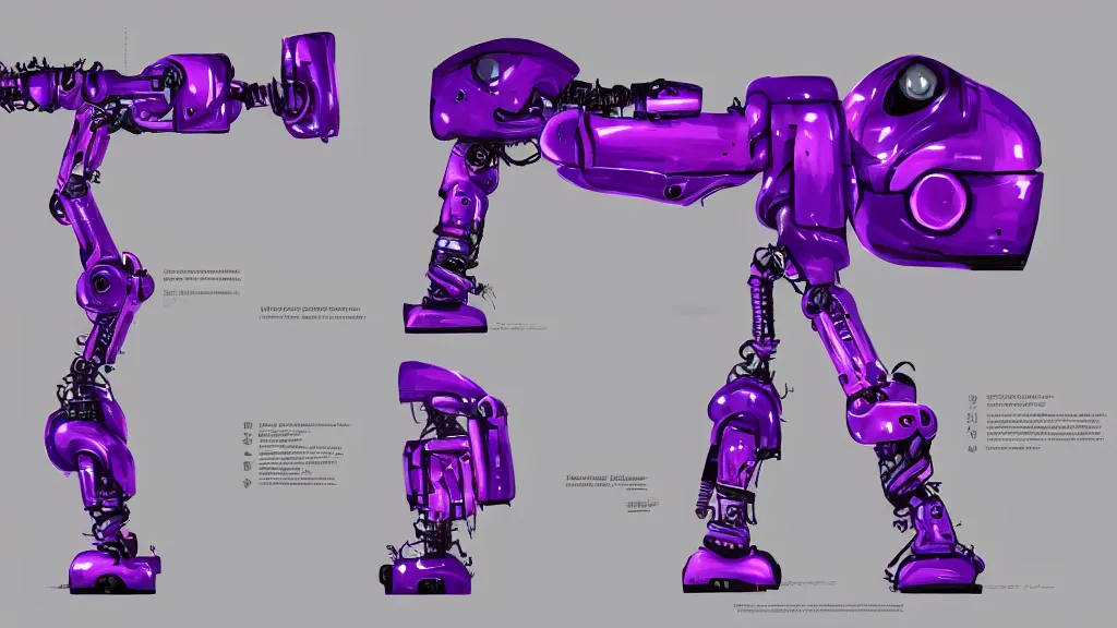 Prompt: A female robotic arm sci-fi prop reference sheet, bright purple and black, graffiti lettering, trending on artstation