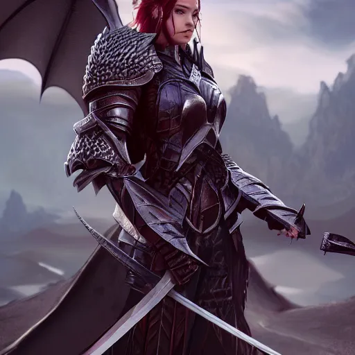 Prompt: highly detailed realistic stunning shot of a beautiful female dragon knight, resting her sword over her armored shoulder, cloak flittering in the wind, high quality, HD octane render, epic cinematography, Artstation, Deviantart, Furaffinity