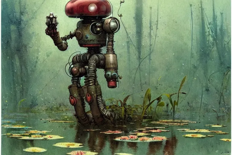 Prompt: adventurer ( ( ( ( ( 1 9 5 0 s retro future robot cyborg bolthole. muted colors. swamp, fairies, water lilies ) ) ) ) ) by jean baptiste monge!!!!!!!!!!!!!!!!!!!!!!!!! chrome red