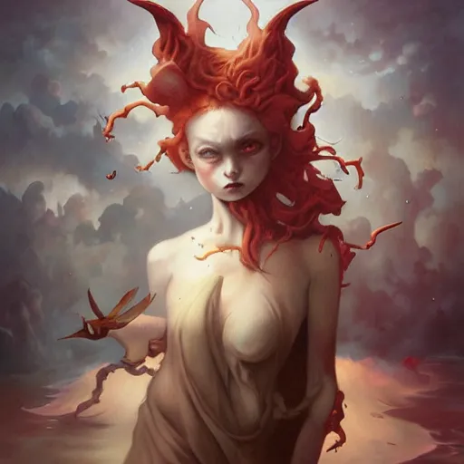 Image similar to sadie sink demonic birth from insanity dimension by peter mohrbacher