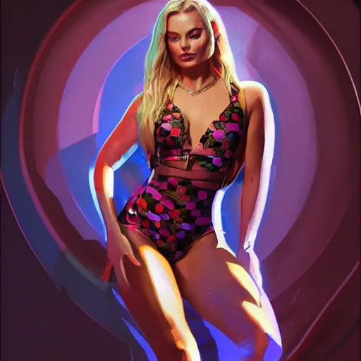 Image similar to Margot Robbie wearing a disco suit as a grand theft auto 5 loading screen, athletic , gorgeous, muscular, intricate, highly detailed, digital painting, artstation, concept art, sharp focus, illustration, art by greg rutkowski and alphonse mucha