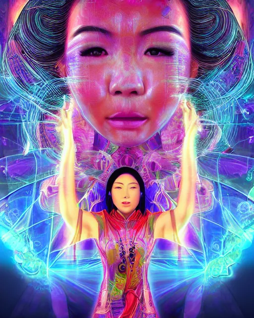 Prompt: a powerful energy psychedelic matrix asian woman, by alexander fedosav, hyper detailed digital matte painting, concept art, hyperrealism, 1 6 k resolution, cinema 4 d, 8 k resolution, trending on artstation, behance hd, a masterpiece, by stephan martiniere, particles, cel - shaded, power bright neon energy, by david a. hardy