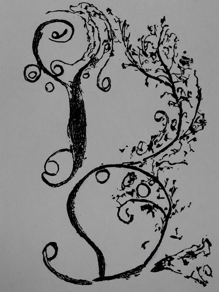 Prompt: an ink pen drawing of an acorn that turns into a tree in the shape of a treble clef with a few scattered leaves, simple and messy