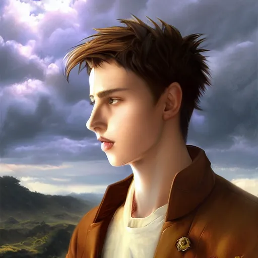 Image similar to a portrait of a young handsome prince with white fringy hair, epic clouds, beautiful landscape, backlit, incredible lighting, strong rim light, highly detailed, digital painting, HDRI, by Heise Jinyao, Heise-Lian Yan Fang, Feimo, Richard Taddei, vivid colors, high contrast, 8k resolution, intricate, realistic anime, trending on artstation