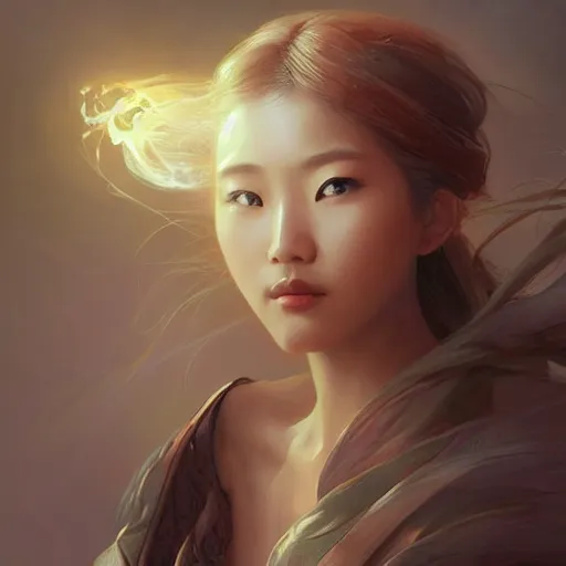 Image similar to asian female wind elemental, lifelike, portrait, highly detailed, digital painting, artstation, concept art, sharp focus, illustration, cinematic lighting, art by artgerm and greg rutkowski and alphonse mucha