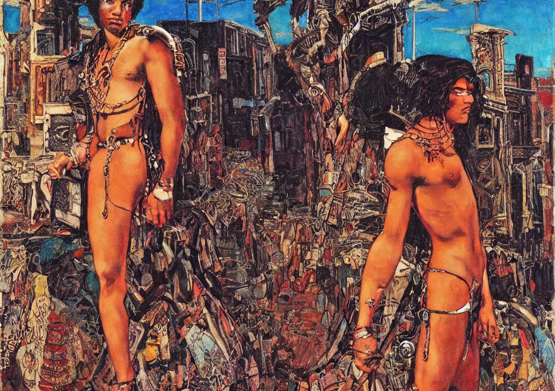 Prompt: a punk polynesian greek god searching through the streets of an abandoned city, sparse detail, complementary color scheme, by george luks, mati klarwein and moebius