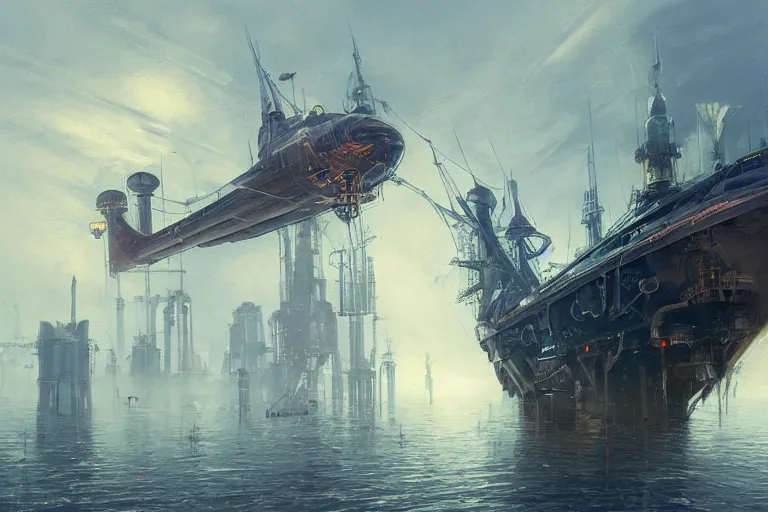 Prompt: wide view of a steampunk airship docking with a tall tower, fog, volumetric lighting, intricate, elegant, highly detailed, digital painting, artstation, concept art, smooth, sharp focus, art nouveau, art by syd mead and john berkey