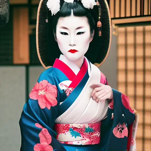 Prompt: fashion model geisha wearing traditional japanese clothing with traditional make up looking into lens