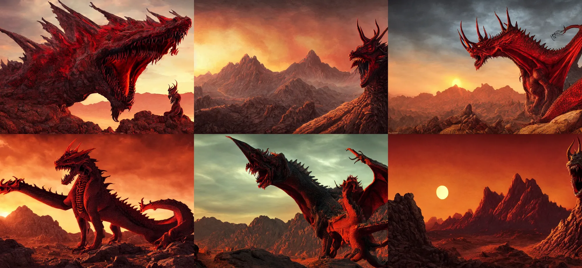 Prompt: gaping maw of a giant, roaring red dragon with long sharp teeth and horns, perched on a mountain top in the mojave desert at sunset. photorealistic fantasy art. highly detailed. 4 k. horror theme in the style of lovecraft.