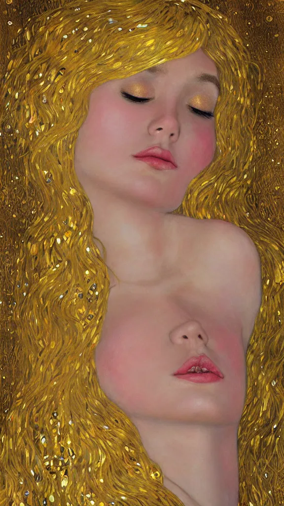 Image similar to a soft and breathtaking detailed painting of a full body sleeping blonde princess in the style of Gustav Klimt, blonde hair, shiny gold, elegant, highly detailed, artstation, fluo colors, concept art, matte, sharp focus, art by Gustav Klimt