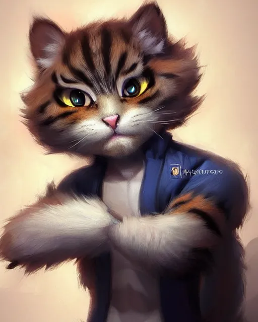 Image similar to character concept art of a young male anthropomorphic furry cat | | cute - fine - face, pretty face, key visual, realistic shaded perfect face, fine details by stanley artgerm lau, wlop, rossdraws, james jean, andrei riabovitchev, marc simonetti, and sakimichan, trending on artstation