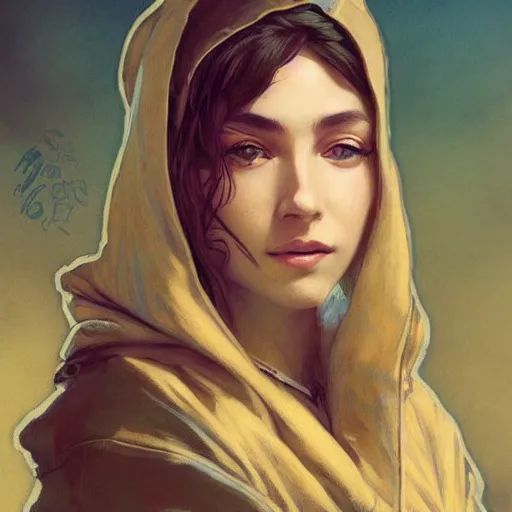 Image similar to character portrait of Mata Hari girl in a hoodie, relaxing mood, intricate, wild, highly detailed, digital painting, artstation, upper body, concept art, smooth, sharp focus, illustration, art by artgerm and greg rutkowski and alphonse mucha